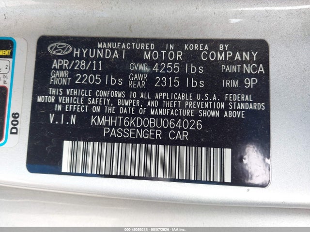 Aukcja sprzedaży 2011 Hyundai Genesis 2.0t, vin: KMHHT6KD0BU064026, numer aukcji: 45059288