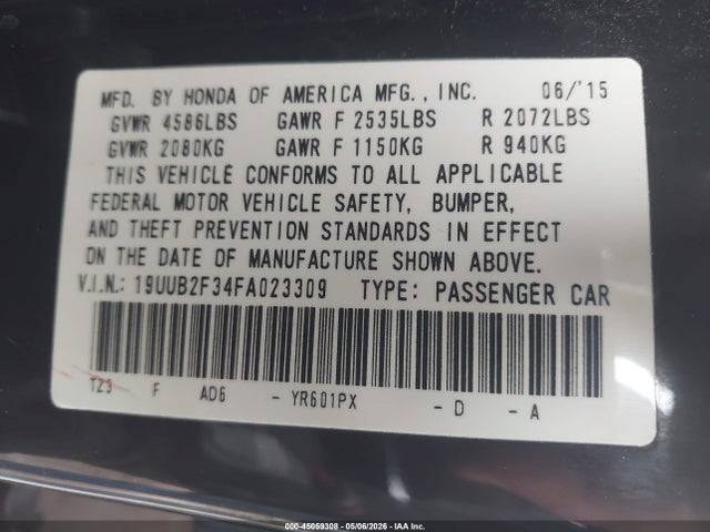 45059308 :رقم المزاد ، 19UUB2F34FA023309 vin ، 2015 Acura Tlx V6 مزاد بيع