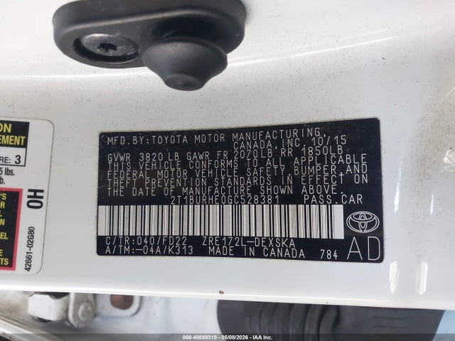 Aukcja sprzedaży 2016 Toyota Corolla S Plus, vin: 2T1BURHE0GC528381, numer aukcji: 45059310