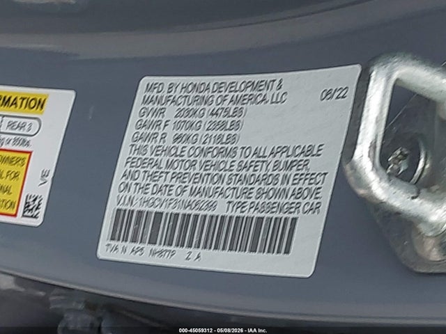 2022 Honda Accord Sport მანქანა იყიდება აუქციონზე, vin: 1HGCV1F31NA062399, აუქციონის ნომერი: 45059312