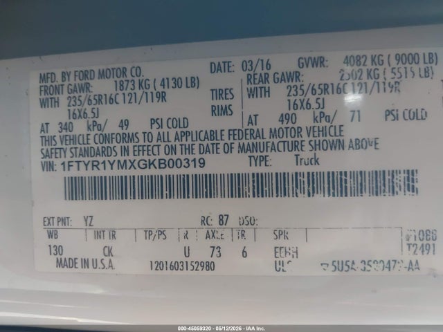 Aukcja sprzedaży 2016 Ford Transit-250, vin: 1FTYR1YMXGKB00319, numer aukcji: 45059320