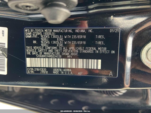 45059326 :رقم المزاد ، 5TDGBRCH4MS034038 vin ، 2021 Toyota Highlander Hybrid Xle مزاد بيع