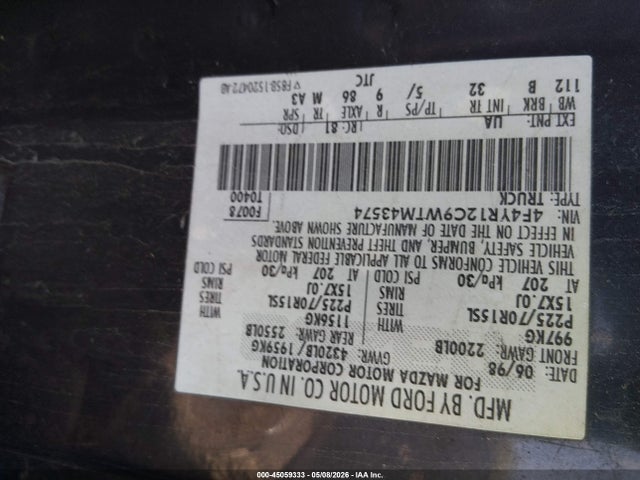 45059333 :رقم المزاد ، 4F4YR12C9WTM43574 vin ، 1998 Mazda B2500 Se/sx مزاد بيع