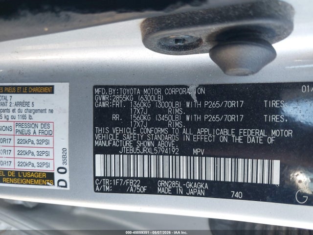 Продаж на аукціоні авто 2020 Toyota 4runner Sr5, vin: JTEBU5JRXL5794192, номер лоту: 45059351