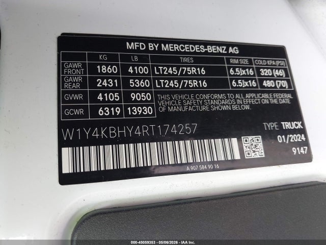 45059353 :رقم المزاد ، W1Y4KBHY4RT174257 vin ، 2024 Mercedes-benz Sprinter 2500 Standard Roof 4-cyl Diesel مزاد بيع