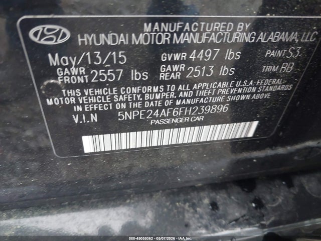 45059362 :رقم المزاد ، 5NPE24AF6FH239896 vin ، 2015 Hyundai Sonata Se مزاد بيع