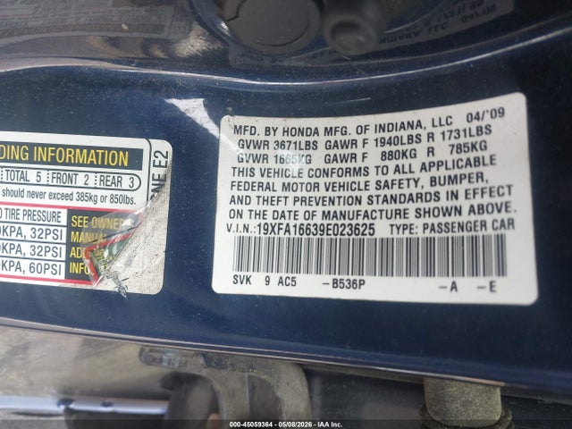 45059364 :رقم المزاد ، 19XFA16639E023625 vin ، 2009 Honda Civic Lx-s مزاد بيع