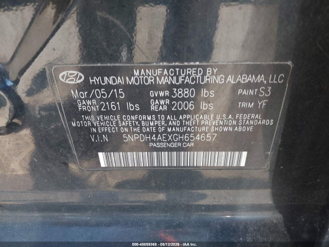 2016 Hyundai Elantra Se მანქანა იყიდება აუქციონზე, vin: 5NPDH4AEXGH654657, აუქციონის ნომერი: 45059368