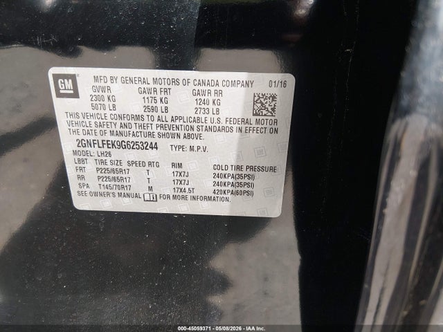 Aukcja sprzedaży 2016 Chevrolet Equinox Lt, vin: 2GNFLFEK9G6253244, numer aukcji: 45059371