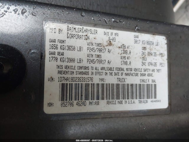 Продаж на аукціоні авто 2003 Dodge Ram 1500 Slt/laramie/st, vin: 1D7HA18D23S331576, номер лоту: 45059397