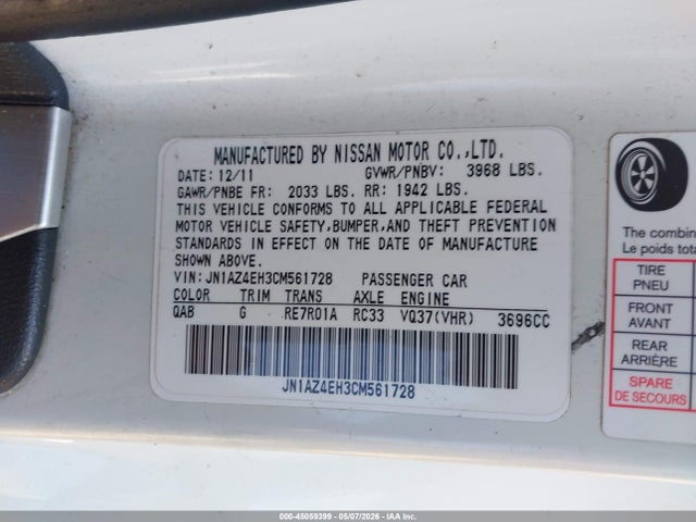 Aukcja sprzedaży 2012 Nissan 370z Touring, vin: JN1AZ4EH3CM561728, numer aukcji: 45059399