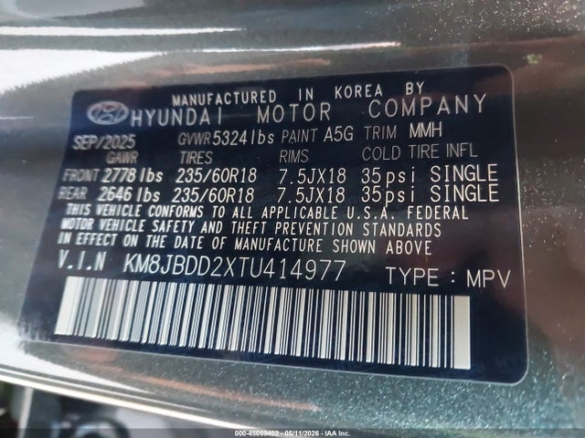 Aukcja sprzedaży 2026 Hyundai Tucson Plug-in Hybrid Sel, vin: KM8JBDD2XTU414977, numer aukcji: 45059402