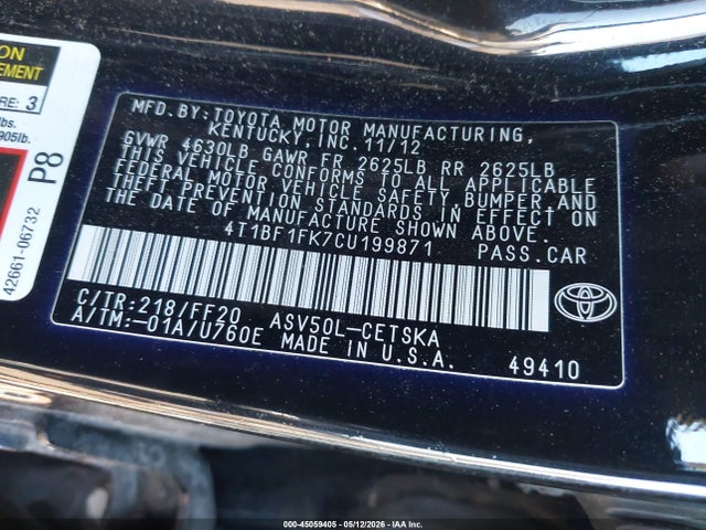 Продажа на аукционе авто 2012 Toyota Camry Se Limited Edition, vin: 4T1BF1FK7CU199871, номер лота: 45059405