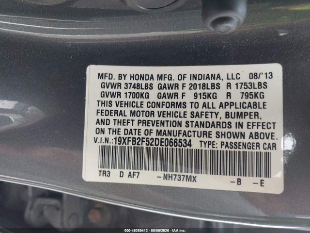 Aukcja sprzedaży 2013 Honda Civic Lx, vin: 19XFB2F52DE066534, numer aukcji: 45059412