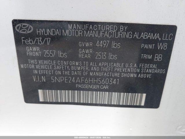 Продаж на аукціоні авто 2017 Hyundai Sonata Se, vin: 5NPE24AF6HH560341, номер лоту: 45059424