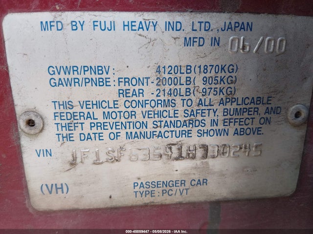 45059447 :رقم المزاد ، JF1SF63541H730245 vin ، 2001 Subaru Forester L مزاد بيع