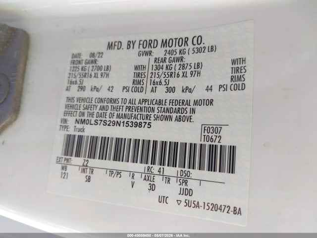 Aukcja sprzedaży 2022 Ford Transit Connect Xl, vin: NM0LS7S29N1539875, numer aukcji: 45059450