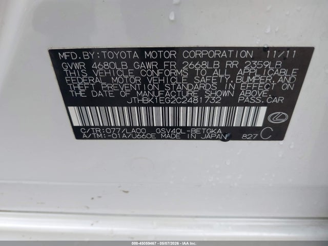 Aukcja sprzedaży 2012 Lexus Es 350, vin: JTHBK1EG2C2481732, numer aukcji: 45059467