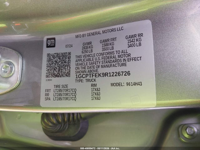 Aukcja sprzedaży 2024 Chevrolet Colorado 4wd Zr2, vin: 1GCPTFEK9R1226726, numer aukcji: 45059472