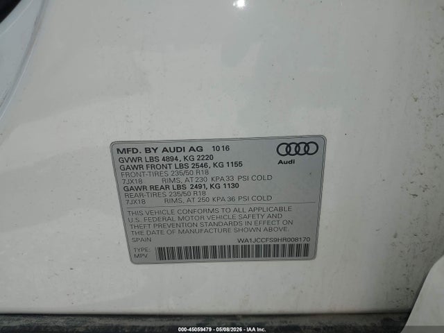Aukcja sprzedaży 2017 Audi Q3 2.0t Premium, vin: WA1JCCFS9HR008170, numer aukcji: 45059479