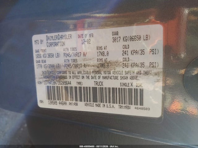 2003 Dodge Ram 1500 St/slt მანქანა იყიდება აუქციონზე, vin: 1D7HA18N73S209644, აუქციონის ნომერი: 45059480