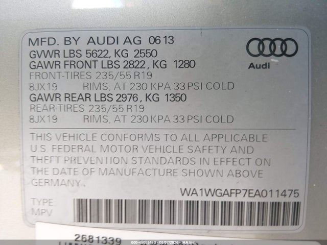Aukcja sprzedaży 2014 Audi Q5 3.0t Premium Plus, vin: WA1WGAFP7EA011475, numer aukcji: 45059483