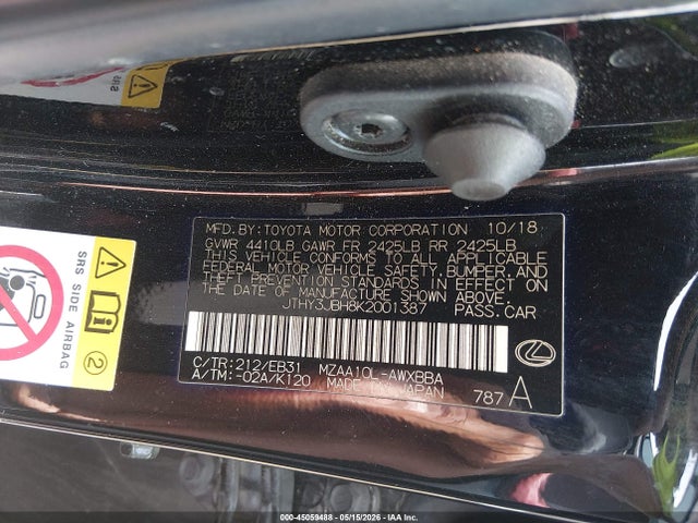 45059488 :رقم المزاد ، JTHY3JBH8K2001387 vin ، 2019 Lexus Ux 200 F Sport مزاد بيع