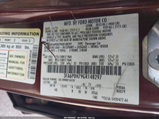 2016 Ford Fusion Se მანქანა იყიდება აუქციონზე, vin: 3FA6P0H79GR148297, აუქციონის ნომერი: 45059497
