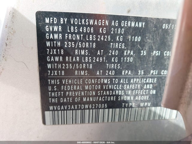 Aukcja sprzedaży 2013 Volkswagen Tiguan Se, vin: WVGAV3AX7DW627005, numer aukcji: 45059502
