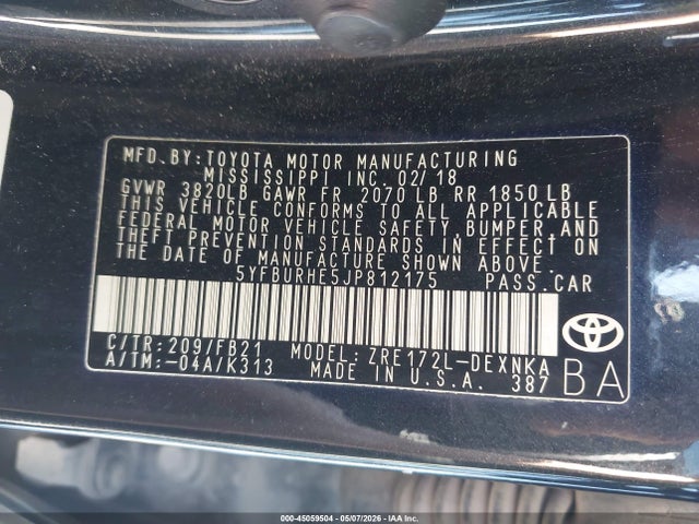 2018 Toyota Corolla Le მანქანა იყიდება აუქციონზე, vin: 5YFBURHE5JP812175, აუქციონის ნომერი: 45059504