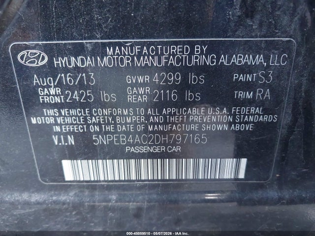 Продажа на аукционе авто 2013 Hyundai Sonata Gls, vin: 5NPEB4AC2DH797165, номер лота: 45059510