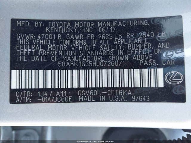 Aukcja sprzedaży 2017 Lexus Es 350, vin: 58ABK1GG5HU072607, numer aukcji: 45059513
