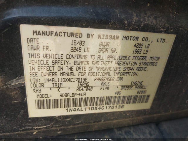 45059521 :رقم المزاد ، 1N4AL11DX4C170136 vin ، 2004 Nissan Altima 2.5 S مزاد بيع
