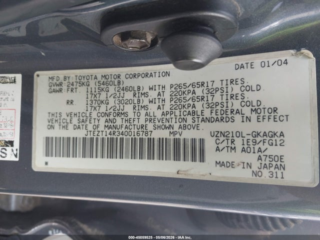 Продажа на аукционе авто 2004 Toyota 4runner Sr5 V8, vin: JTEZT14R340016787, номер лота: 45059525