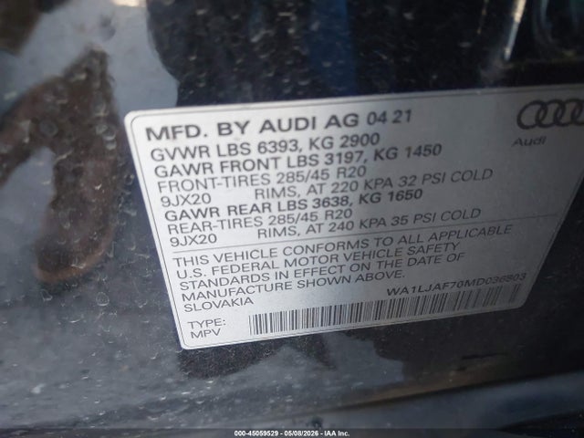 Aukcja sprzedaży 2021 Audi Q7 Premium Plus 45 Tfsi Quattro Tiptronic, vin: WA1LJAF70MD036803, numer aukcji: 45059529