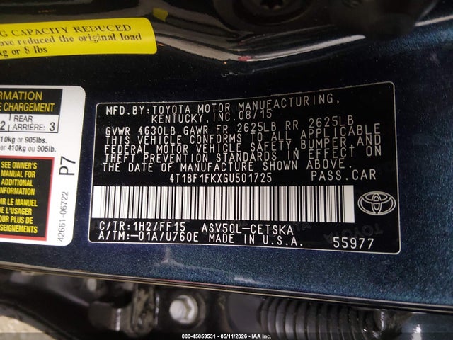 2016 Toyota Camry Se მანქანა იყიდება აუქციონზე, vin: 4T1BF1FKXGU501725, აუქციონის ნომერი: 45059531