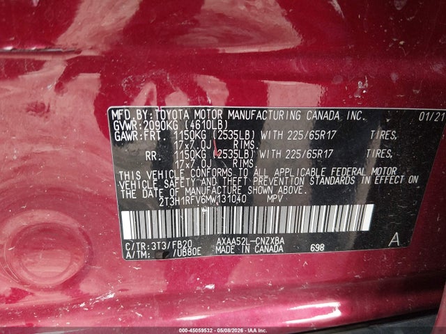 Aukcja sprzedaży 2021 Toyota Rav4 Le, vin: 2T3H1RFV6MW131040, numer aukcji: 45059532