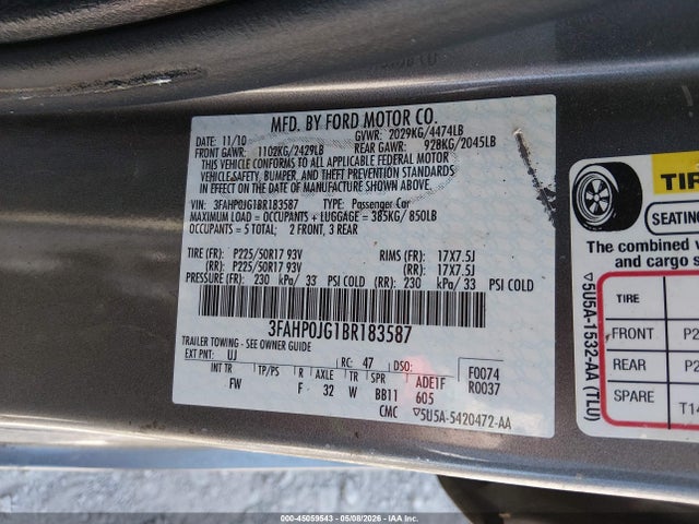 45059543 :رقم المزاد ، 3FAHP0JG1BR183587 vin ، 2011 Ford Fusion Sel مزاد بيع