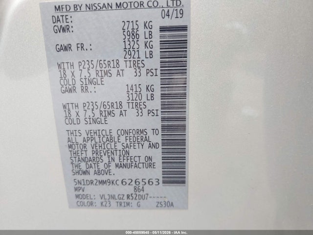 Aukcja sprzedaży 2019 Nissan Pathfinder Sl, vin: 5N1DR2MM9KC626563, numer aukcji: 45059545