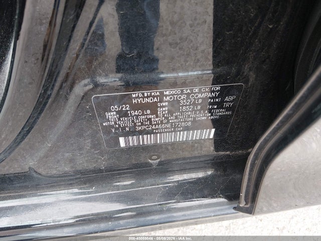2022 Hyundai Accent Sel მანქანა იყიდება აუქციონზე, vin: 3KPC24A66NE172808, აუქციონის ნომერი: 45059546