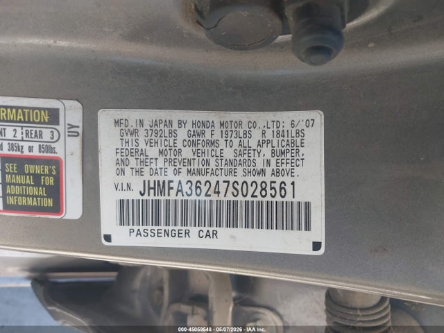 2007 Honda Civic Hybrid მანქანა იყიდება აუქციონზე, vin: JHMFA36247S028561, აუქციონის ნომერი: 45059548