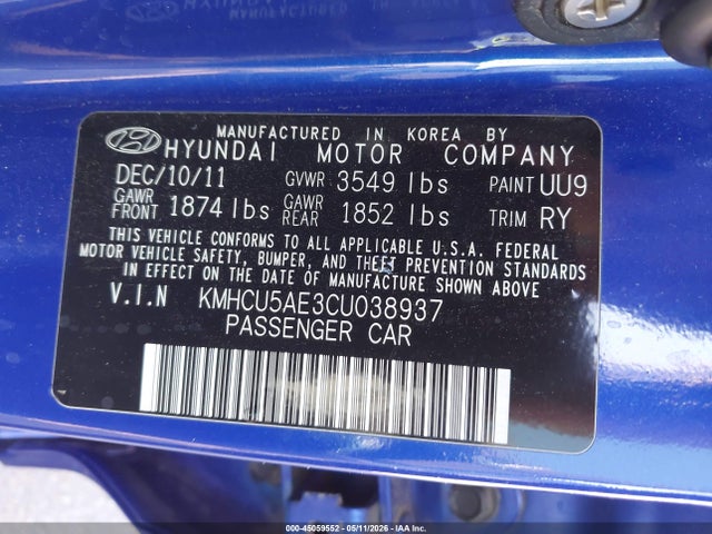 Aukcja sprzedaży 2012 Hyundai Accent Se, vin: KMHCU5AE3CU038937, numer aukcji: 45059552