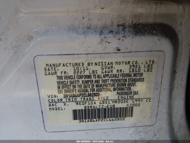 Aukcja sprzedaży 2012 Nissan Sentra 2.0 Sr, vin: 3N1AB6AP2CL662802, numer aukcji: 45059553