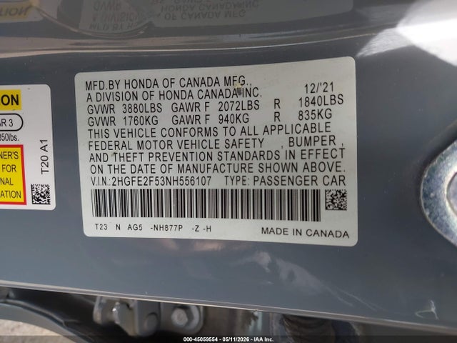 45059554 :رقم المزاد ، 2HGFE2F53NH556107 vin ، 2022 Honda Civic Sport مزاد بيع