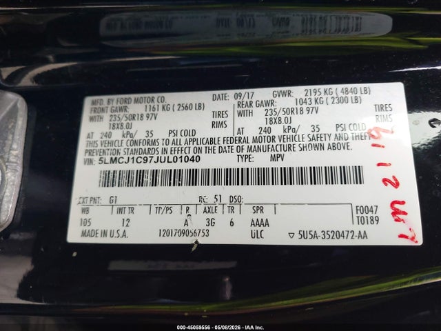 Aukcja sprzedaży 2018 Lincoln Mkc Premiere, vin: 5LMCJ1C97JUL01040, numer aukcji: 45059556