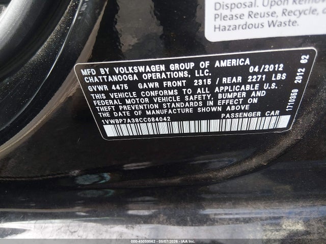 45059562 :رقم المزاد ، 1VWBP7A38CC084042 vin ، 2012 Volkswagen Passat 2.5l Se مزاد بيع