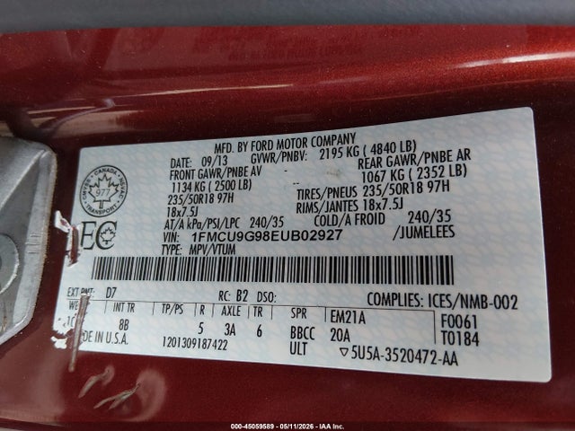 45059589 :رقم المزاد ، 1FMCU9G98EUB02927 vin ، 2014 Ford Escape Se مزاد بيع