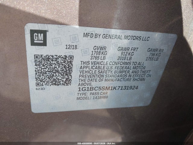 45059595 :رقم المزاد ، 1G1BC5SM1K7131924 vin ، 2019 Chevrolet Cruze Ls مزاد بيع