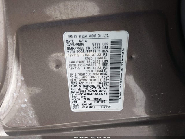 Продажа на аукционе авто 2014 Nissan Murano Sl, vin: JN8AZ1MU5EW413344, номер лота: 45059597