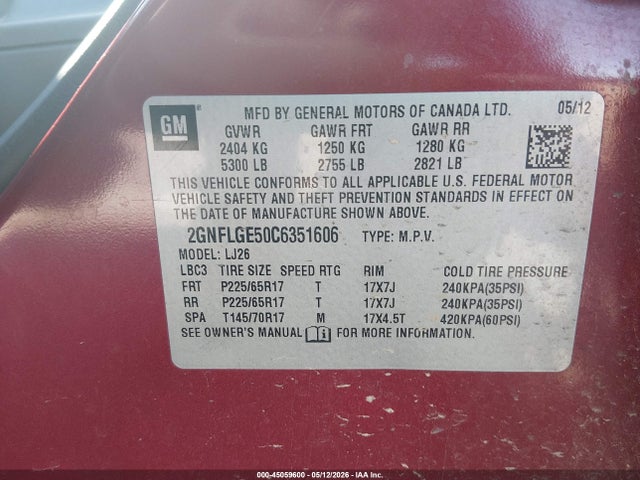 2012 Chevrolet Equinox Ltz მანქანა იყიდება აუქციონზე, vin: 2GNFLGE50C6351606, აუქციონის ნომერი: 45059600
